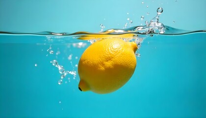 fresh yellow lemon falling deep in water with splash on blue background