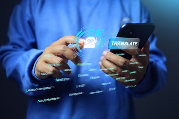 Translate application concept with a man is using a smartphone ai assistant to translate language around the world to talk or do business with foreigner