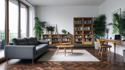 Fototapeta premium Minimalist Living Space with Wooden Furniture and Indoor Plants