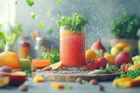 of fresh fruits and vegetables on wooden table vibrant smoothies and nutritious salads organic products in kitchen.