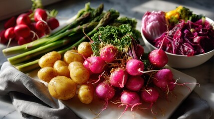 Fresh Organic Radishes, Potatoes, Asparagus, and Salad Bowls on White Marble Surface with Natural Sunlight