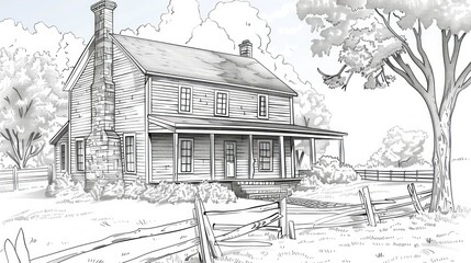 Fototapeta premium Detailed line art of a rustic farmhouse