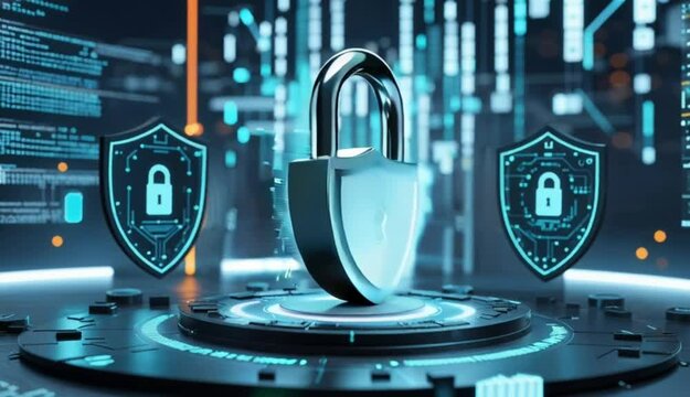 Cybersecurity Fortress: Illustrating a secure digital environment, a central padlock is fortified by protective shields.