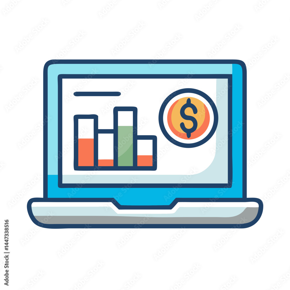 Poster Laptop with Financial Analytics Chart Icon Representing Data Analysis and Economic Performance Monitoring