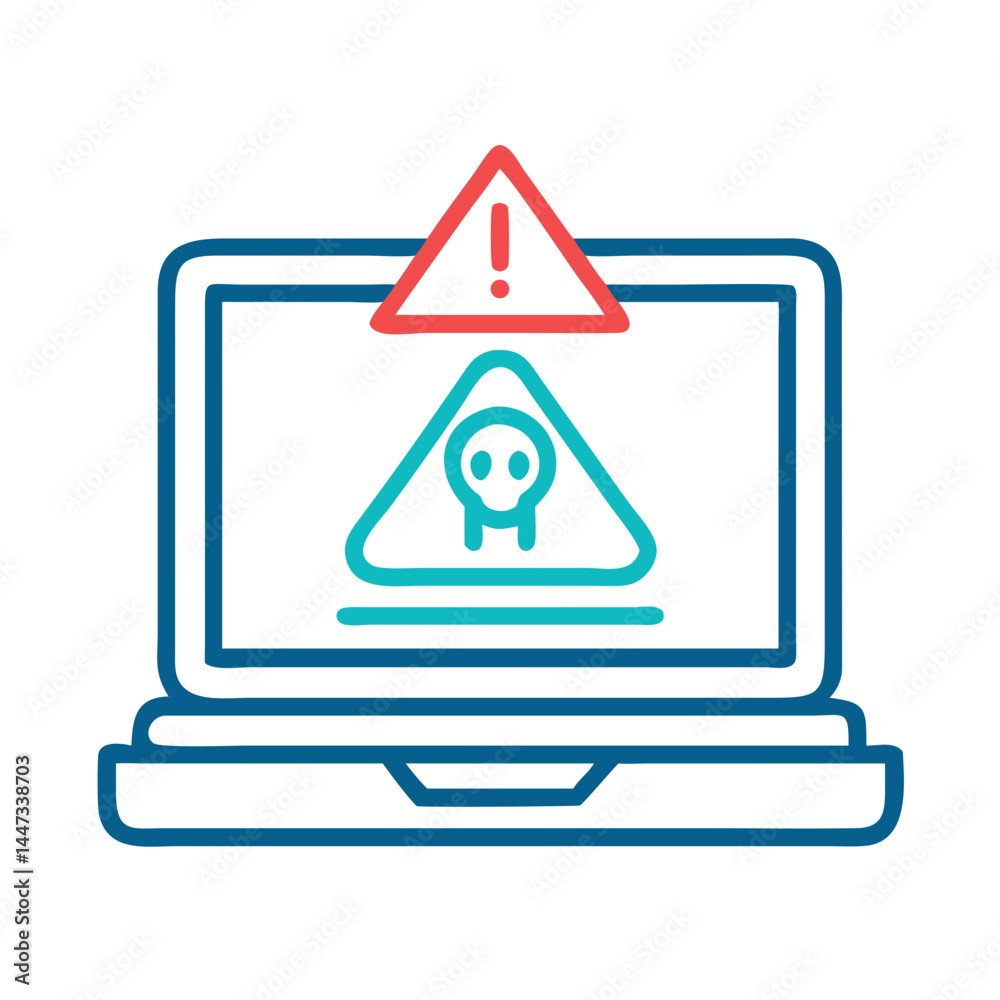 Aufkleber laptop with ransomware alert icon representing cybersecurity breach and encrypted data threat