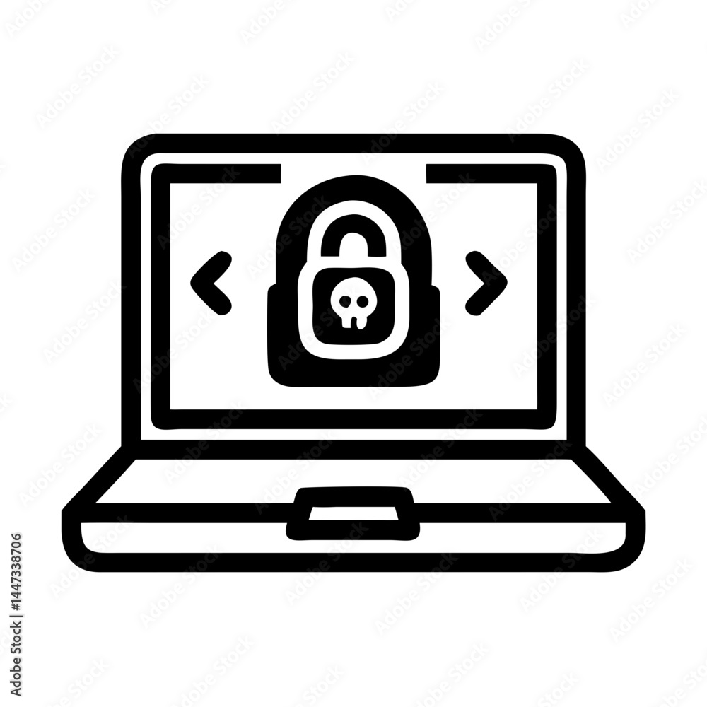Aufkleber laptop with ransomware encryption icon representing cyberattack, data lockdown, and digital threat