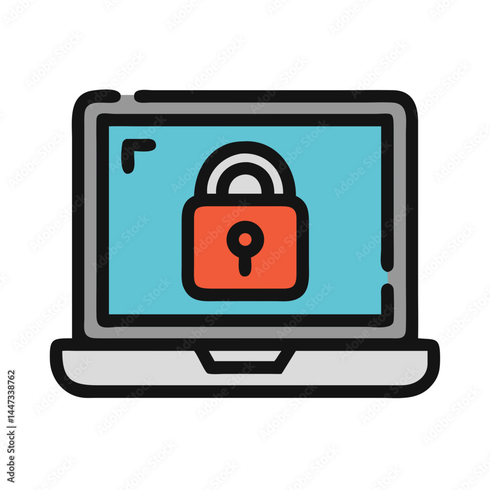 Poster laptop with ransomware encryption icon representing cyberattack, data lockdown, and digital threat