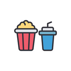 Popcorn and drink colored icons, minimalist vector illustration ,simple transparent graphic element .Isolated on white background