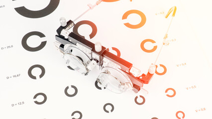 optometrist ophthalmologist selection of glasses for vision. Ophthalmic eyeglass fitting frame. An optometrist's working tool. World Ophthalmologist's Day. Vision check and treatment of eye diseases.