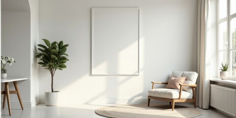 Serene Minimalist Interior Design Featuring a Comfortable Armchair and a Blank Canvas for Artwork in a Sunlit Room