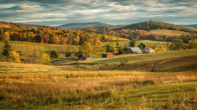 Scenic countryside with farmhouse and rolling hills