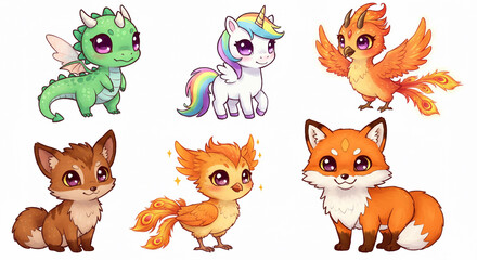 Fototapeta premium Adorable Cartoon Animals Illustration- Dragon, Unicorn, Phoenix, Foxes, Cute Style