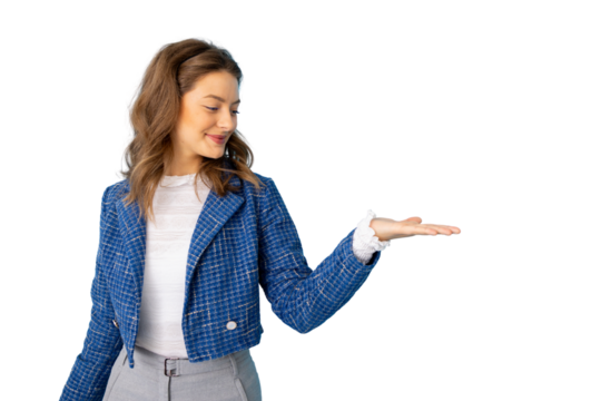 Smiling businesswoman holding and showing something on the palm of her hand, on a transparent background