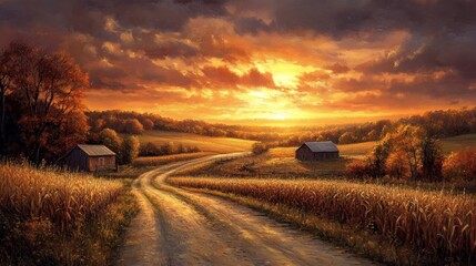 Fototapeta premium Golden hour country road through autumnal fields.