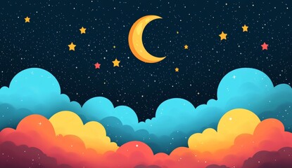 A colorful sky with a large yellow moon and many stars