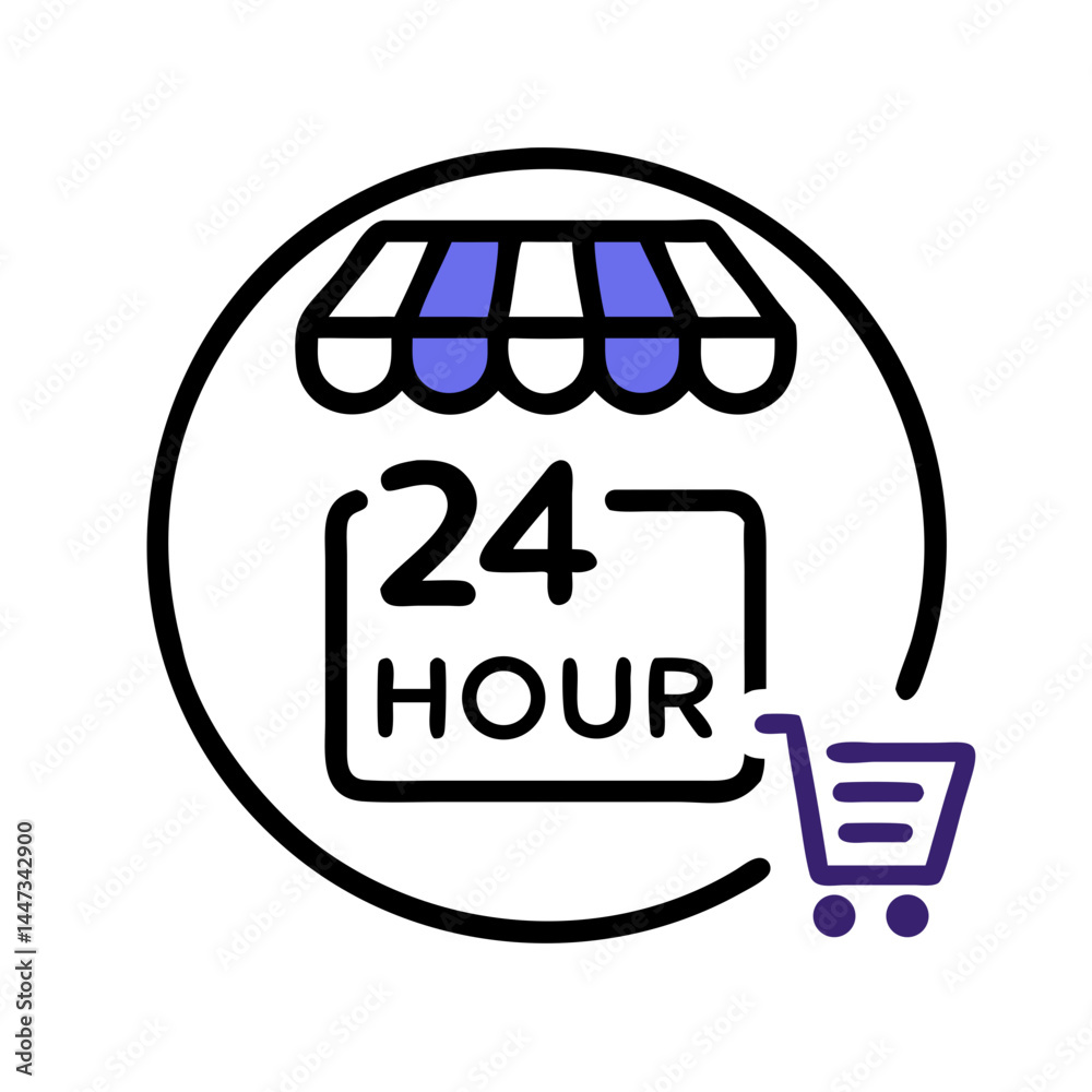 Poster online store with 24-hour return policy icon representing convenient shopping and customer service