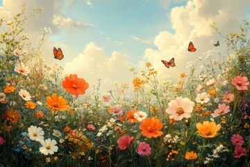 Fototapeta premium Colorful wildflowers, butterflies, sunny sky; idyllic summer meadow scene; nature background
