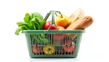 Plastic shopping basket with of grocery products isolated on white
