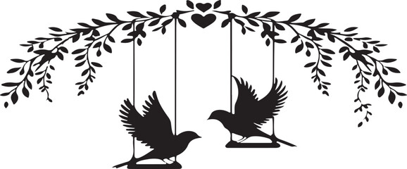 Birds on a swing, a romantic silhouette illustration