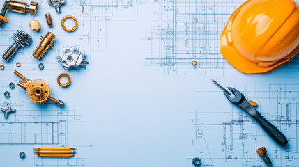 Blueprint of Precision: A meticulous arrangement of industrial components and safety helmet lays on a blueprint, symbolizing the essence of engineering and meticulous planning.