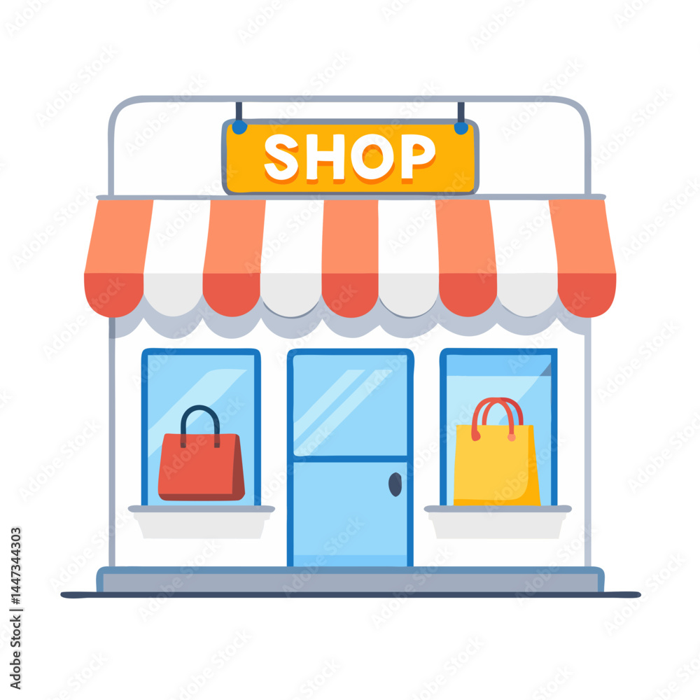Poster retail shopfront with shopping bags icon representing consumer shopping and storefront display