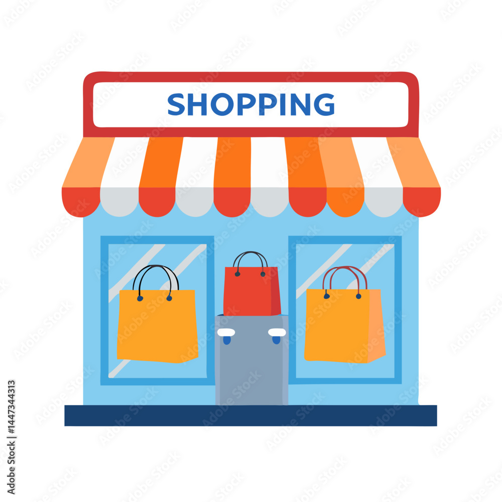 Poster retail shopfront with shopping bags icon representing consumer shopping and storefront display