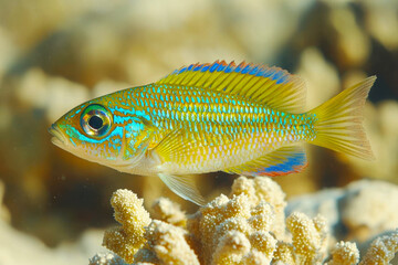 Obraz premium A colorful tropical fish swims near coral in a clear underwater environment.
