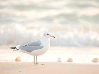 Fototapeta premium Seagull on Peaceful Beach with Gentle Waves 