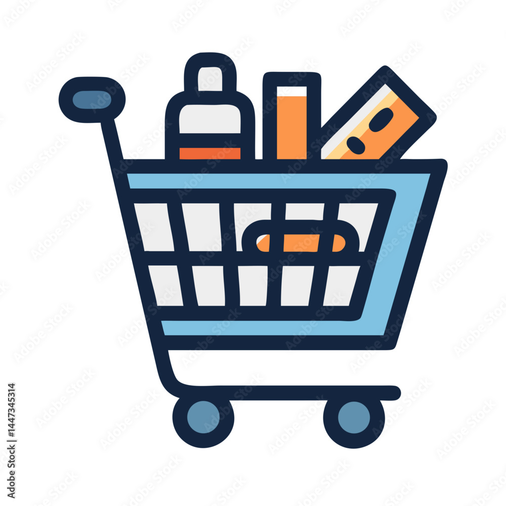 Aufkleber shopping cart with essentials icon representing grocery shopping and basic needs