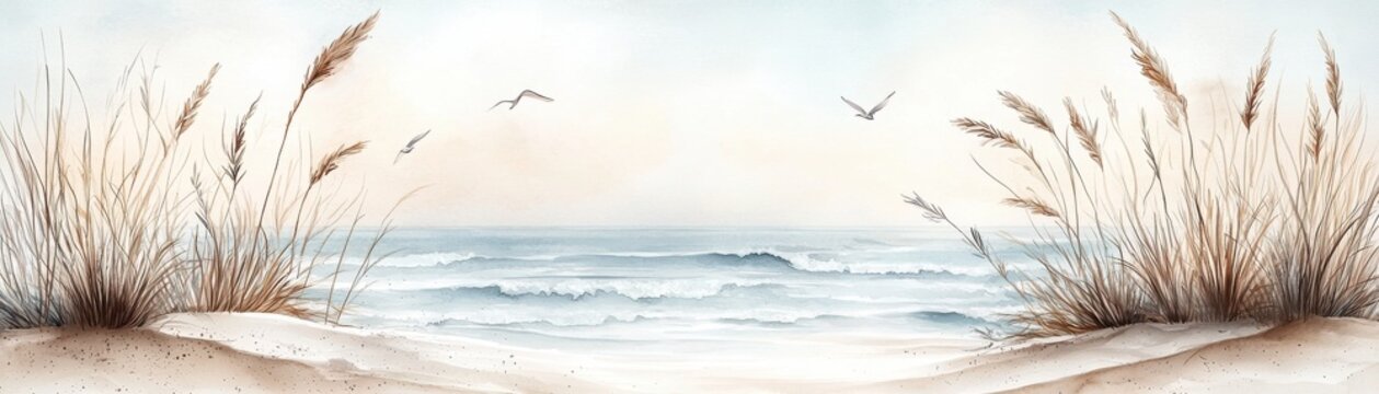 Tranquil beach scene with gentle waves, seagrass, and flying birds under a soft sky.