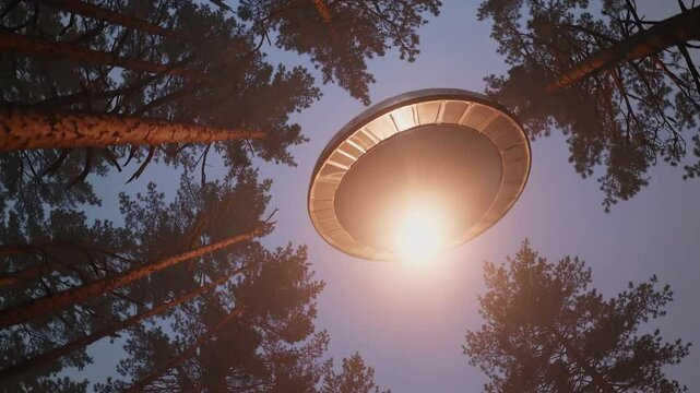 Aerial view of a UFO hovering above a forest, surrounded by tall trees. The video captures a mysterious, sci-fi atmosphere from a low-angle perspective.