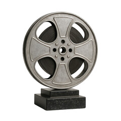 Obraz premium A classic metal film reel stands proudly on a dark base, a symbolic award for cinematic achievement.