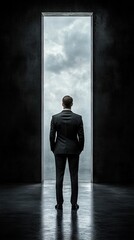 Fototapeta premium A man in a suit stands before a doorway that opens to a bright, cloudy sky