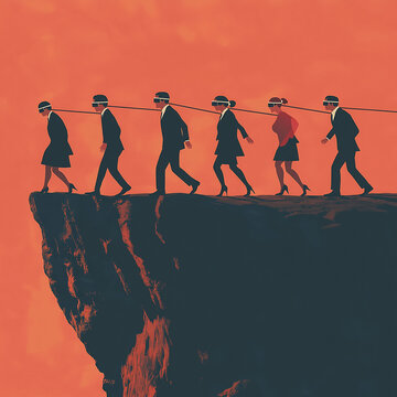 conceptual illustration of blindfolded professionals following their leader into an abyss - perfect for content about leadership failure, groupthink, or corporate risk and decision making