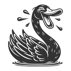 Obraz premium cartoonish black swan laughing loudly, offering a satirical twist on the black swan metaphor sketch engraving generative ai vector illustration. Scratch board imitation. Black and white image.