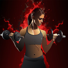 fitness girl pumping her biceps with dumbbells against a background of flames