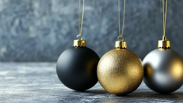 Elegant metallic christmas ornaments in gentle rotating motion against subtle textured background