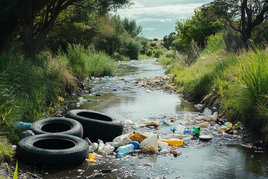 A dirty river with a tire and a plastic bottle floating in it