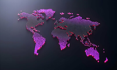 3D Digital Map of the World with Neon Dots on Dark Background