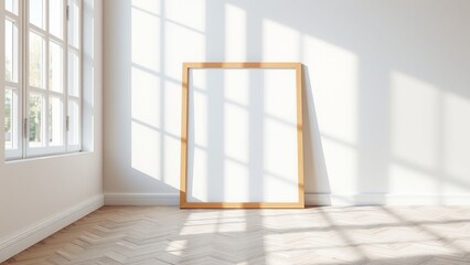 A modern minimalist interior scene with a blank square wooden frame leaning against a white wall. Soft natural sunlight enters through large window panes on the left