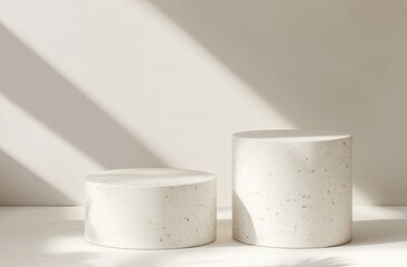 Two cylinder podiums in a sunlit room