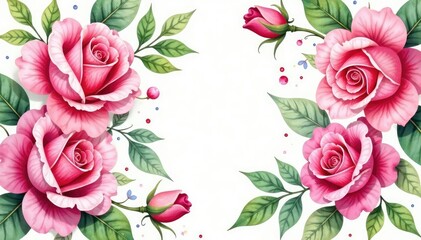 Naklejka premium Intricate watercolor rose blossoms, swirling leaves , floral background, red