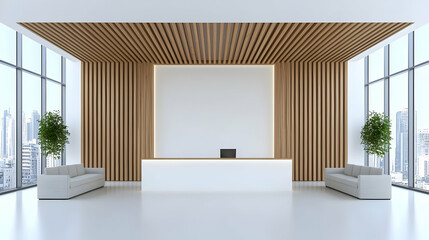 Modern Minimalist Office Lobby with Natural Light and Wood Accents