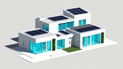Modern architectural model of white and blue villa with solar panels