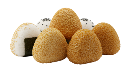 Assorted rice balls, various toppings, in a cluster