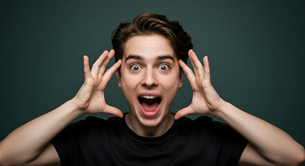 Young caucasian man expressing excitement with wide eyes and outstretched hands. Expressive gesture for concept of surprise, fear, or wonder.