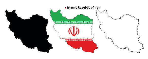 Iran Map Vector - Country Outline, Flag Inside Map, Blank and Silhouette Version