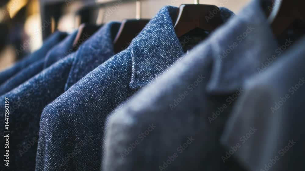Poster row of jackets hanging on a rack, various styles and colors available