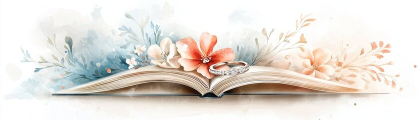 An open book with wedding rings and pastel flowers, blending romance and literature in a delicate watercolor style.