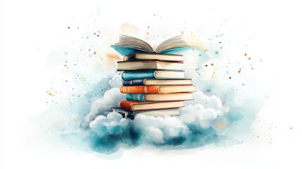 A stack of colorful books sits atop fluffy clouds with an open book at the top, surrounded by a dreamy watercolor background.